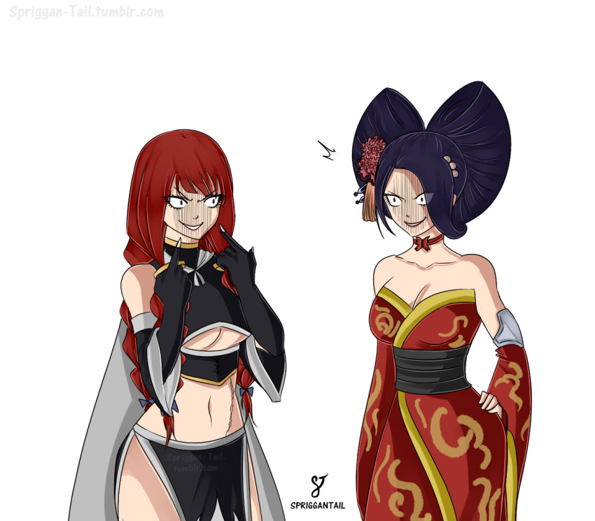2girls, bare_shoulders, black_hair, breasts, cleavage, creator_connection, crossover, eden's_zero
