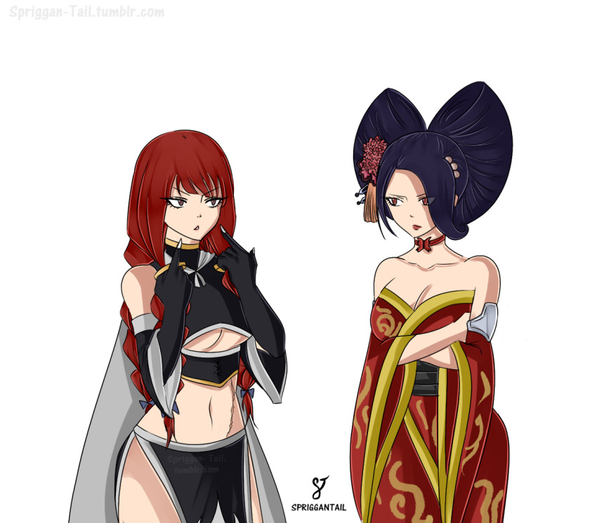 2girls, bare_shoulders, black_hair, breasts, cleavage, creator_connection, crossover, eden's_zero, fairy_tail, hair_ornament, irene_belserion, japanese_clothes, kurenai_kogetsu, large_breasts, long_hair, midriff, mature_female, multiple_girls, navel, pelvic_curtain, quad_braids, red_hair, revealing_clothes, underboob