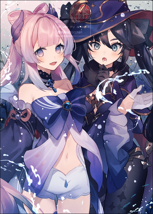 2girls, :o, bad_id, bad_twitter_id, black_choker, black_gloves, black_hair, black_legwear, blush, bow, choker, detached_sleeves, frilled_sleeves, frills, fur_trim, genshin_impact, gloves, gradient_hair, hair_ornament, hair_ribbon, half_gloves, hat, japanese_clothes, jewelry, leotard, long_hair, mikoccccchan, mona_(genshin_impact), multicolored_hair, multiple_girls, open_mouth, pantyhose, pink_hair, purple_headwear, ribbon, sangonomiya_kokomi, short_shorts, shorts, vision_(genshin_impact), water, watermark, white_gloves, witch_hat