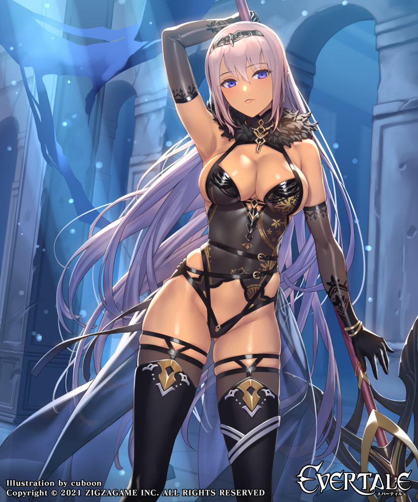 1girl, armpits, artist_name, bare_shoulders, black_boots, black_thighhighs, boots, bracelet