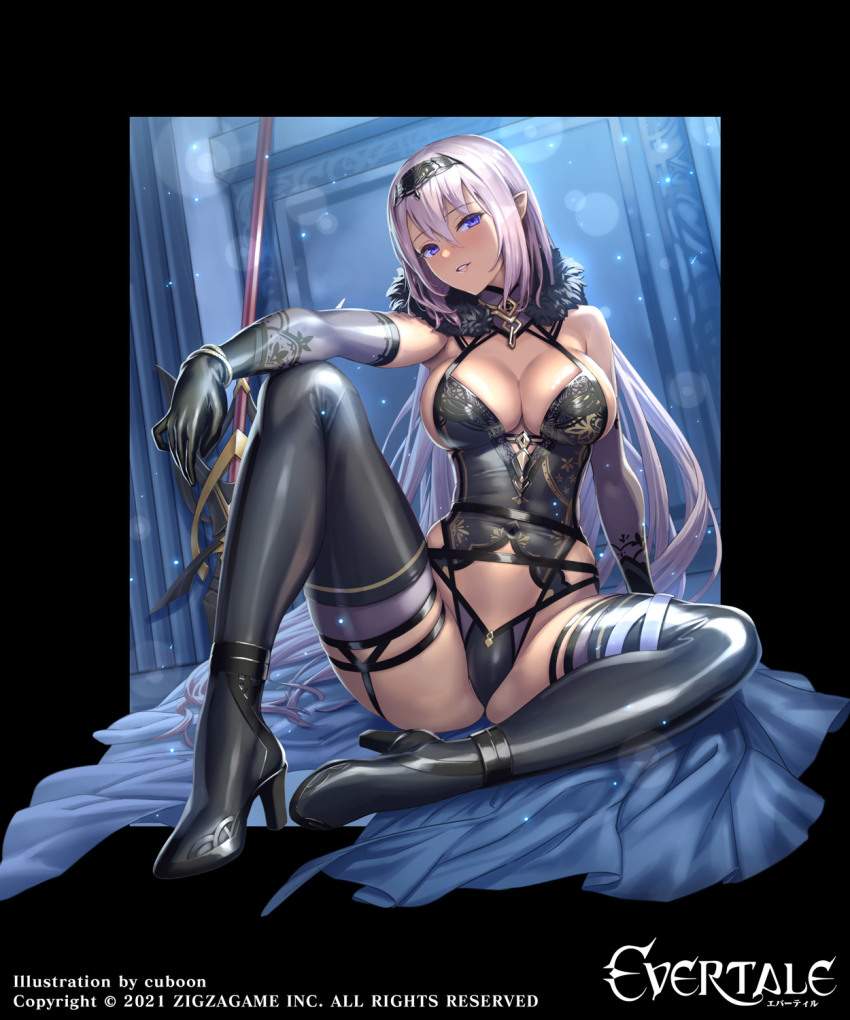 1girl, arm_support, artist_name, bare_shoulders, black_boots, black_thighhighs, boots, bracelet