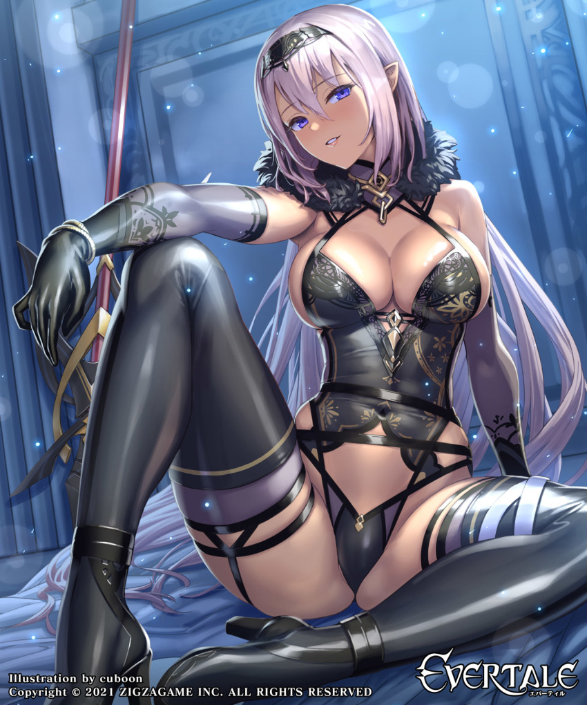 1girl, arm_support, artist_name, bare_shoulders, black_boots, black_thighhighs, boots, bracelet
