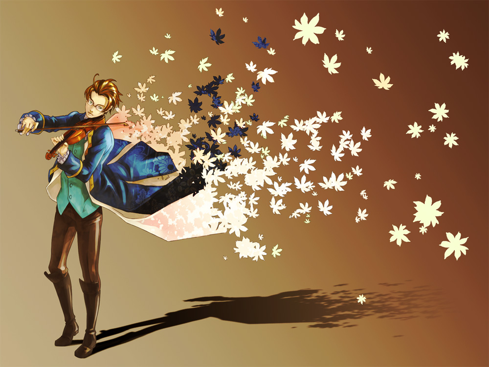 00s, 1boy, austria_(hetalia), axis_powers_hetalia, bow_(music), formal_clothes, full_body, instrument, leaf, male_focus, maple_leaf, raizou, solo, suit, violin