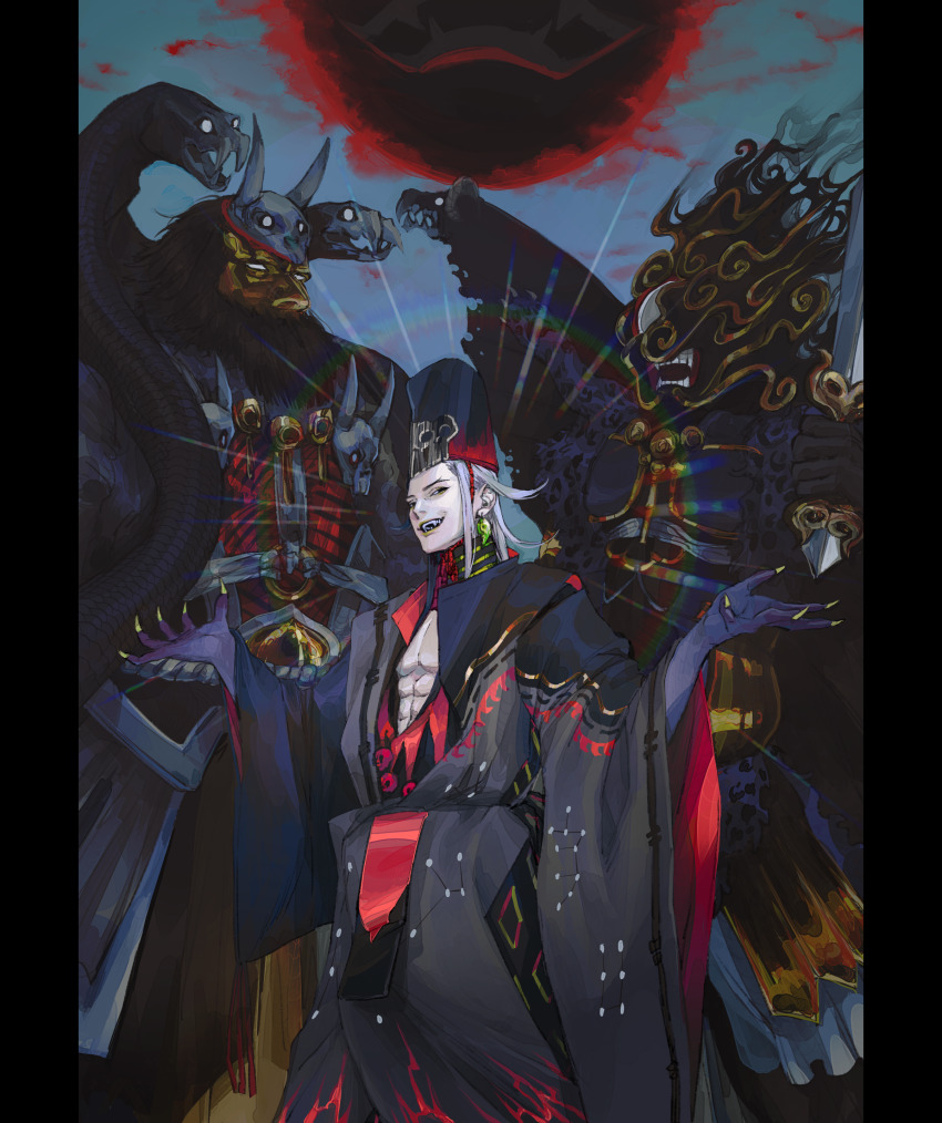 1boy, abs, absurdres, akimitsu-dono, alternate_hairstyle, ashiya_douman_(fate), ashiya_douman_(third_ascension)_(fate), asymmetrical_hair