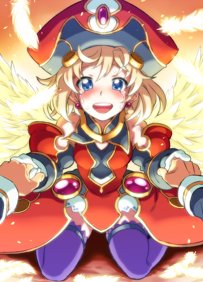 1boy, 1girl, :d, blonde_hair, blue_eyes, blush, crying, crying_with_eyes_open