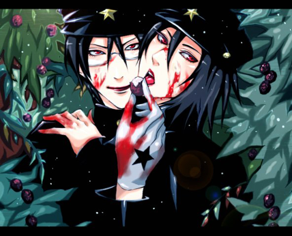 2boys, black_hair, blood, gakuran, glasses, jaibo_(litchi_hikari_club), litchi_hikari_club, male_focus, multiple_boys, nature, school_uniform, yaoi, zera_(litchi_hikari_club)
