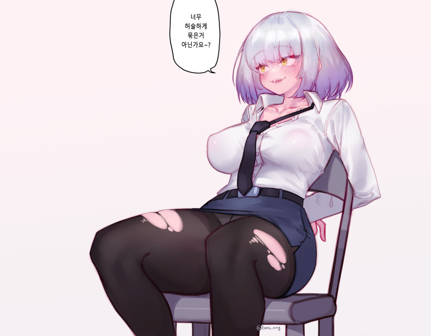 1girl, black_pantyhose, blush, breasts, chair, collarbone, covered_erect_nipples, eonsang, girls'_frontline, highres, large_breasts, long_sleeves, medium_hair, morridow_(boss)_(girls'_frontline), morridow_(girls'_frontline), necktie, open_mouth, pantyhose, shirt, shirt_tucked_in, silver_hair, simple_background, sitting, skirt, solo, torn_clothes, torn_pantyhose, translation_request, white_shirt, yellow_eyes