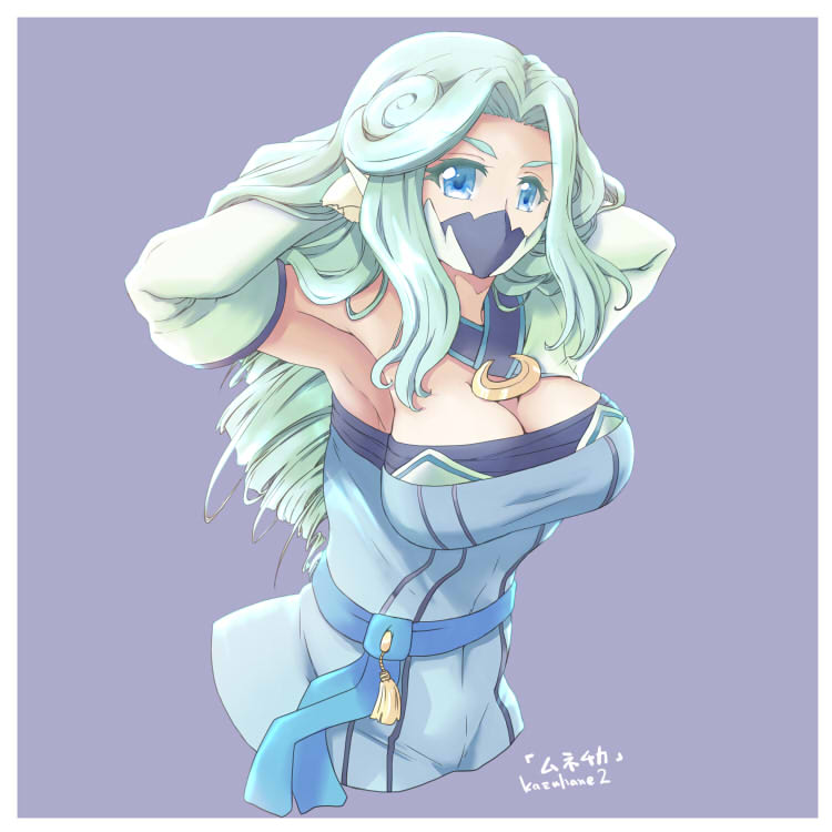 1girl, animal_ears, aquaplus, blue_eyes, blue_hair, breasts, cleavage, cleavage_cutout, clothing_cutout, curly_hair, face_mask, kazuhane2, large_breasts, long_hair, looking_at_viewer, mask, munechika, sidelocks, signature, solo, strapless, tube_top, upper_body, utawarerumono, utawarerumono:_itsuwari_no_kamen, very_long_hair