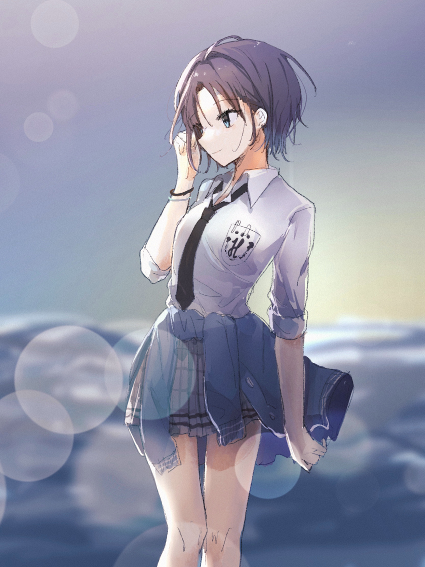 1girl, asakura_toru, bare_legs, blue_hair, blurry, blurry_background, bokeh, clothes_around_waist
