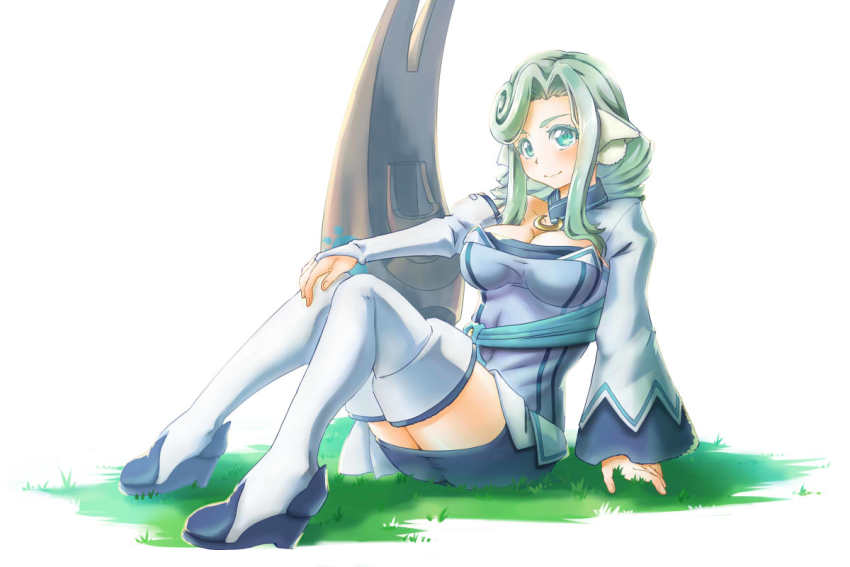 1girl, animal_ears, aquaplus, blue_eyes, blush, boots, breasts, cleavage