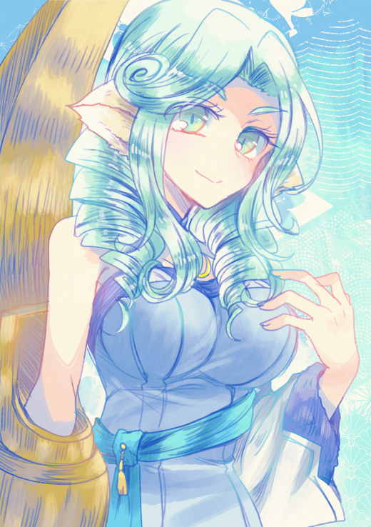 1girl, animal_ears, aquaplus, bare_shoulders, blue_eyes, blue_hair, breasts, cleavage