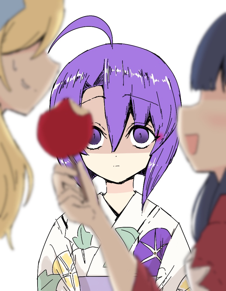 3girls, ahoge, black_hair, blonde_hair, blush, candy_apple, food, jashin-chan