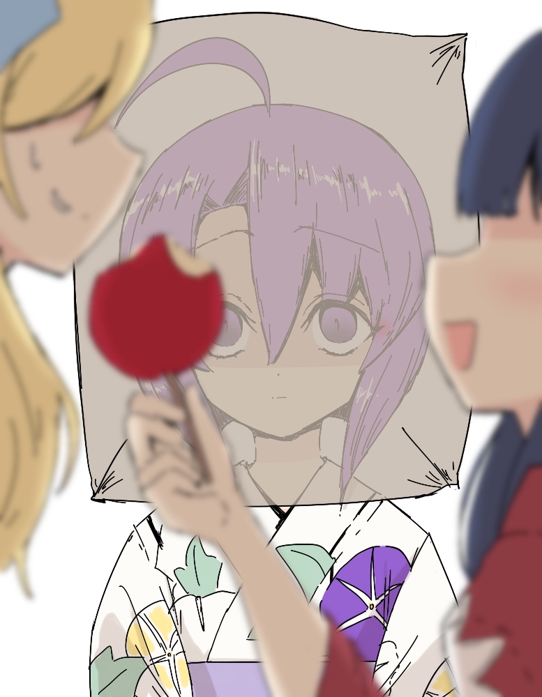 2girls, ahoge, bag, black_hair, blonde_hair, blush, candy_apple, food