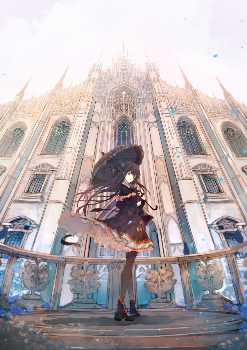 1girl, absurdres, arcaea, architecture, axleaki, black_dress, black_hair, black_shoes, blue_flower, bow, building, church, closed_mouth, commentary, dress, flower, frilled_dress, frills, from_below, full_body, grey_thighhighs, hair_bow, hair_flower, hair_ornament, hands_up, highres, holding, holding_umbrella, long_hair, long_sleeves, looking_at_viewer, looking_down, looking_to_the_side, purple_eyes, railing, scenery, shoes, sideways_glance, sky, solo, standing, tairitsu_(arcaea), tairitsu_(grievous_lady)_(arcaea), thighhighs, umbrella, window