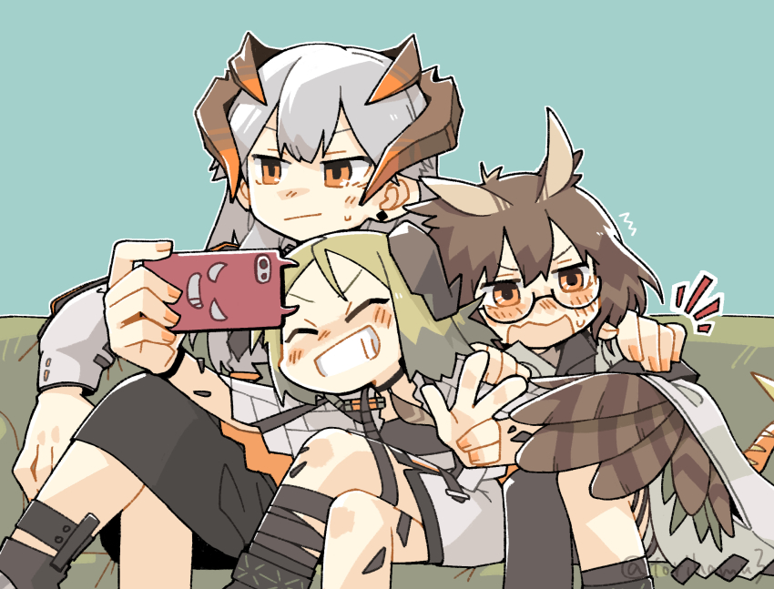 3girls, arknights, blush, brown_eyes, cellphone, closed_eyes, closed_mouth, couch