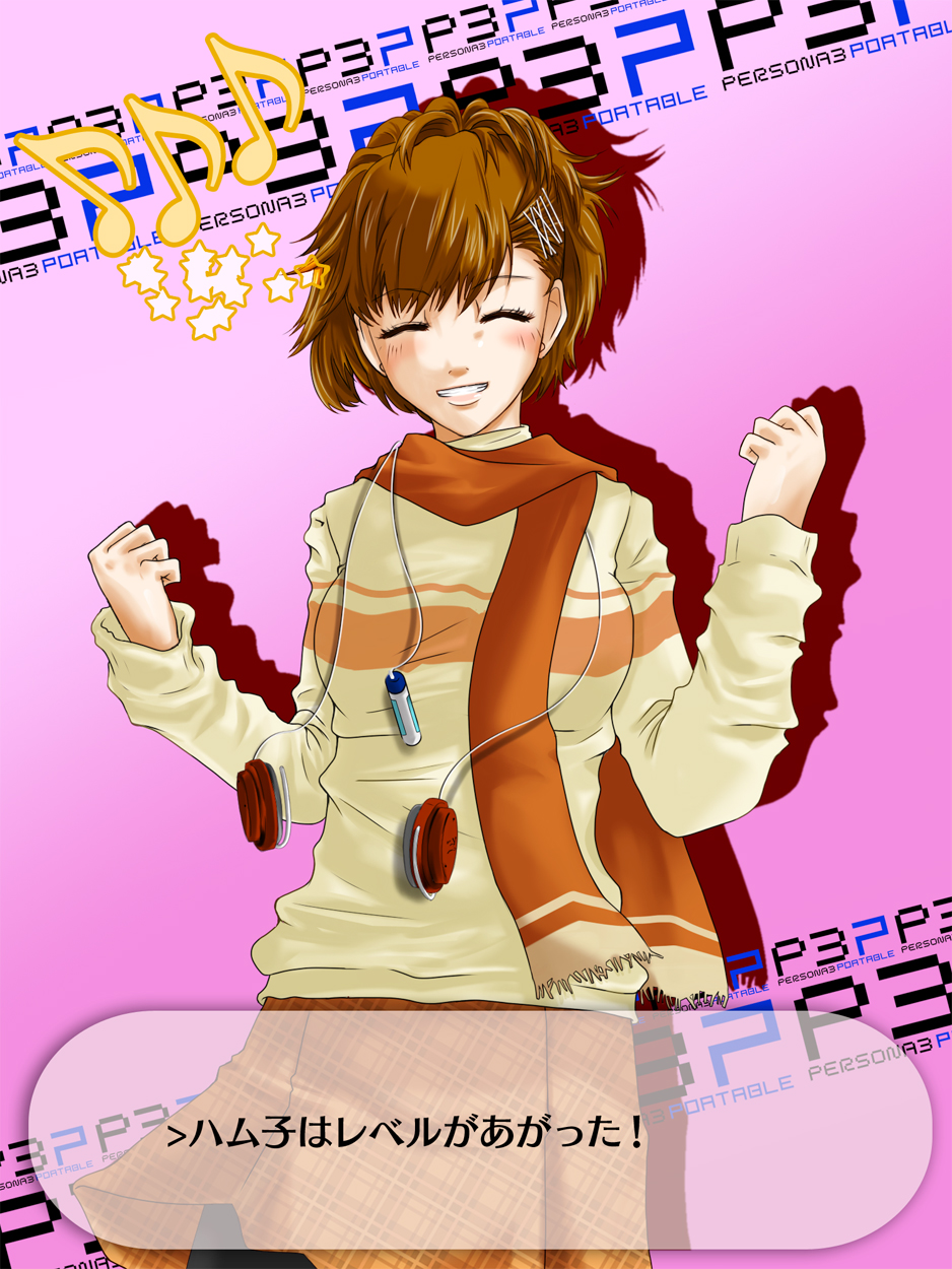 atlus, blush, brown_hair, closed_eyes, hair_ornament, hairclip, headphones, highres