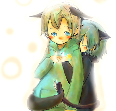 00s, 2girls, animal_ears, blonde_hair, blue_eyes, blush, couple, eila_ilmatar_juutilainen