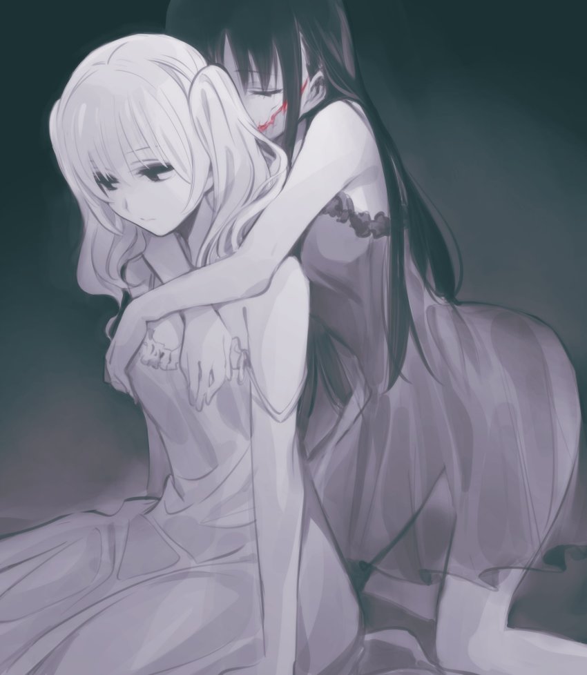 2girls, black_hair, closed_eyes, closed_mouth, cyborg, dress, glasgow_smile, highres