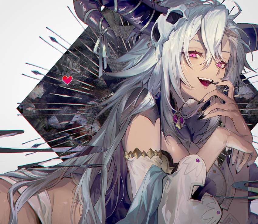 1girl, dark-skinned_female, dark_skin, draph, fediel_(granblue_fantasy), fingernails, granblue_fantasy, highres, horns, long_fingernails, long_hair, nail_polish, rilmok, solo, tan, very_long_hair, white_hair