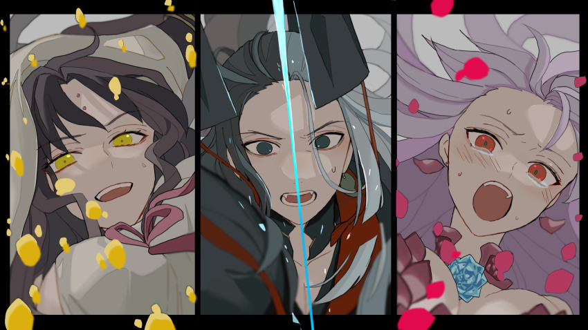 1boy, 2girls, ashiya_douman_(fate), ashiya_douman_(third_ascension)_(fate), black_headwear, breasts, chest_tattoo, crying, curly_hair, facial_mark, fate/extra, fate/grand_order, fate_(series), forehead_mark, hat, highres, kama_(beast_iii/l)_(fate), kama_(fate), large_breasts, long_hair, mizuno_(bbzzzzzzbb), multicolored_hair, multiple_girls, official_alternate_costume, onmyouji, parted_bangs, red_eyes, sessyoin_kiara, sessyoin_kiara_(heaven's_hole), sessyoin_kiara_(third_ascension), split, split-color_hair, spoilers, tate_eboshi, tattoo, traditional_clothes, white_hair