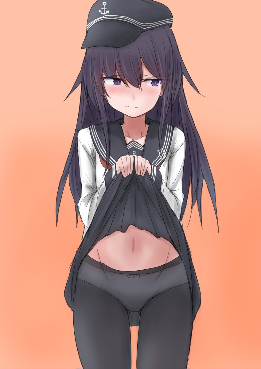 1girl, akatsuki_(kancolle), anchor_symbol, black_eyes, black_hair, black_pantyhose, black_sailor_collar, black_skirt, bow, bow_panties, clothes_lift, cowboy_shot, facing_viewer, flat_cap, gluteal_fold, hat, highres, kamaboko_senshi, kantai_collection, long_hair, neckerchief, orange_background, panties, panties_under_pantyhose, pantyhose, pleated_skirt, red_neckerchief, sailor_collar, school_uniform, serafuku, sideways_glance, skirt, skirt_lift, solo, standing, underwear