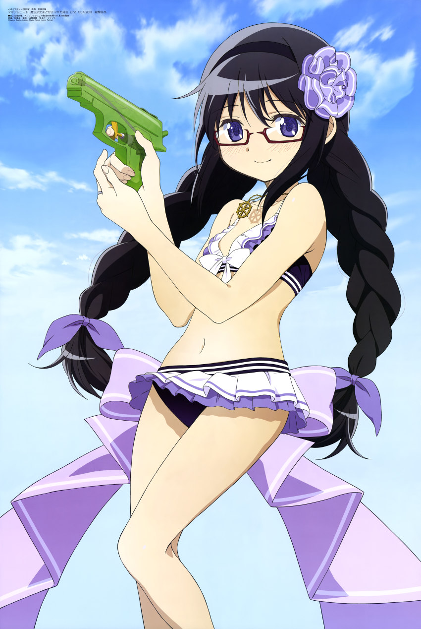 1girl, absurdres, akemi_homura, akemi_homura_(swimsuit_ver.), back_bow, bare_legs, bikini, bikini_skirt