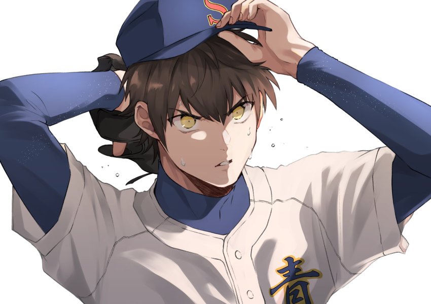 1boy, ace_of_diamond, aiaipoponta0605, baseball_cap, baseball_glove, baseball_jersey, baseball_uniform, blue_headwear