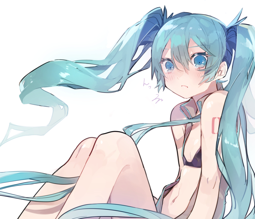 1girl, bare_shoulders, bikini, black_bikini, blue_eyes, blue_hair, blush, closed_mouth
