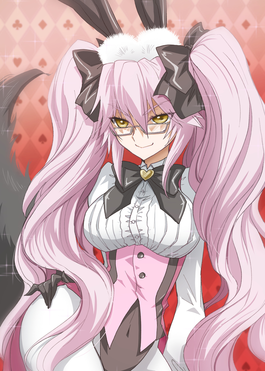 1girl, absurdres, animal_ear_fluff, animal_ears, black_bow, black_gloves, bow, breasts, coattails, collared_shirt, corset, dress_shirt, fate/grand_order, fate_(series), fox_tail, glasses, gloves, hair_between_eyes, hair_bow, highres, koyanskaya_(assassin)_(second_ascension)_(fate), koyanskaya_(fate), large_breasts, long_hair, long_sleeves, looking_at_viewer, pantyhose, pink_hair, rabbit_ears, shirt, sidelocks, smile, solo, tail, tailcoat, thighs, tsunoda_uei, twintails, underbust, white_pantyhose, white_shirt, yellow_eyes