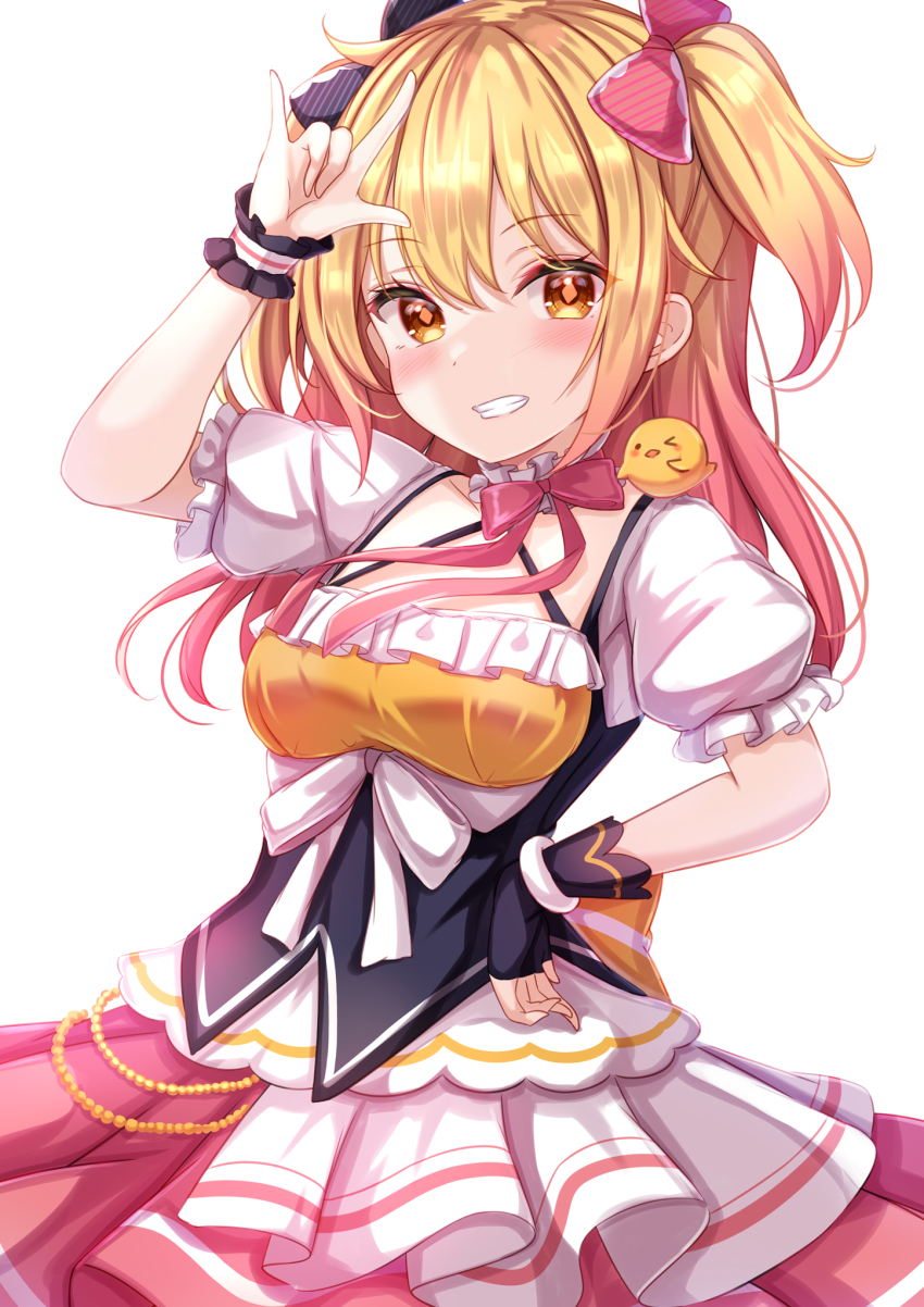 1girl, animal, animal_on_shoulder, arm_up, bird, bird_on_shoulder, black_gloves, black_hair