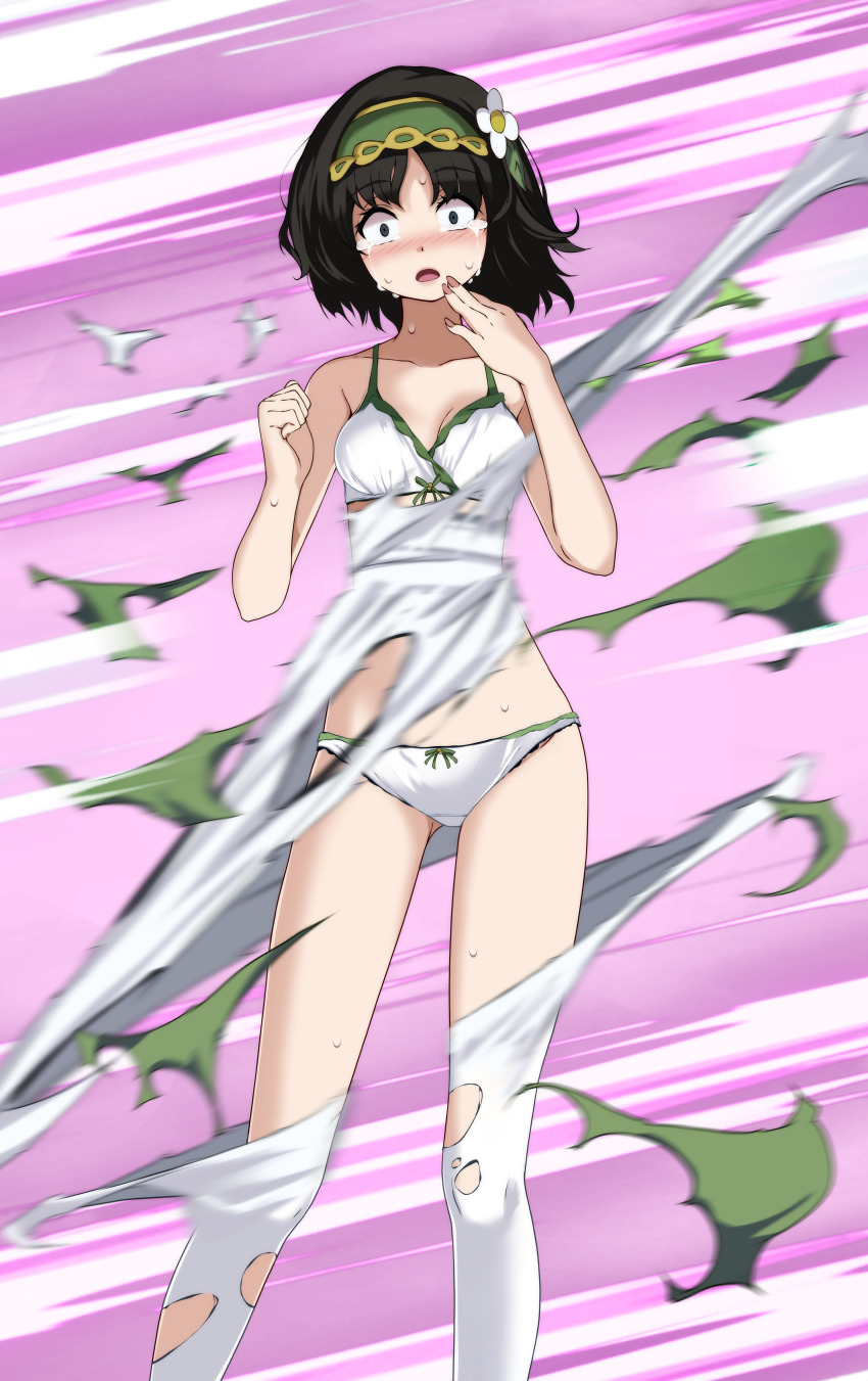 1girl, absurdres, black_hair, blue_eyes, blush, bra, bracelet, breasts