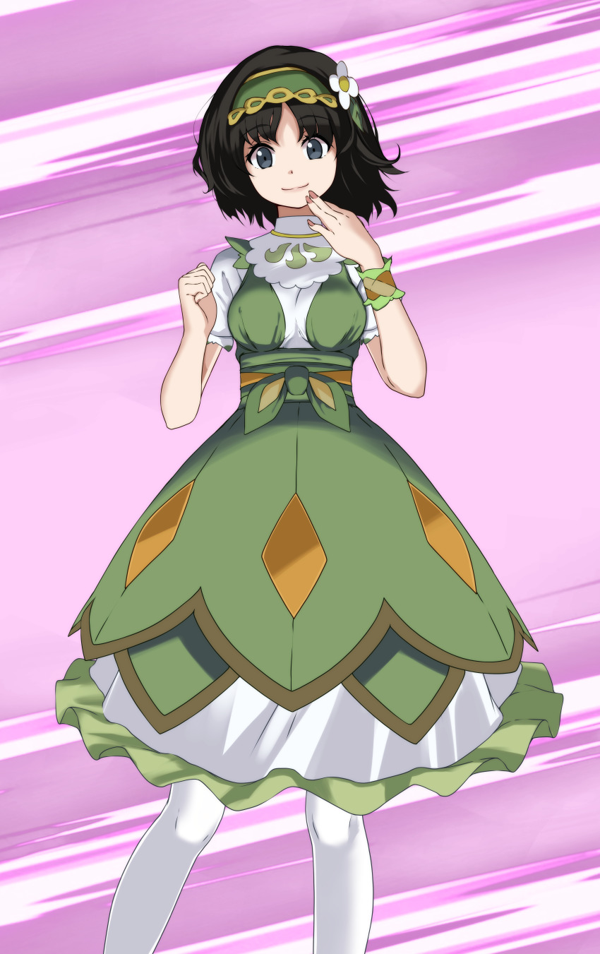 1girl, absurdres, black_hair, blue_eyes, bracelet, dress, erika_(pokemon), erika_(sygna_suit)_(pokemon)