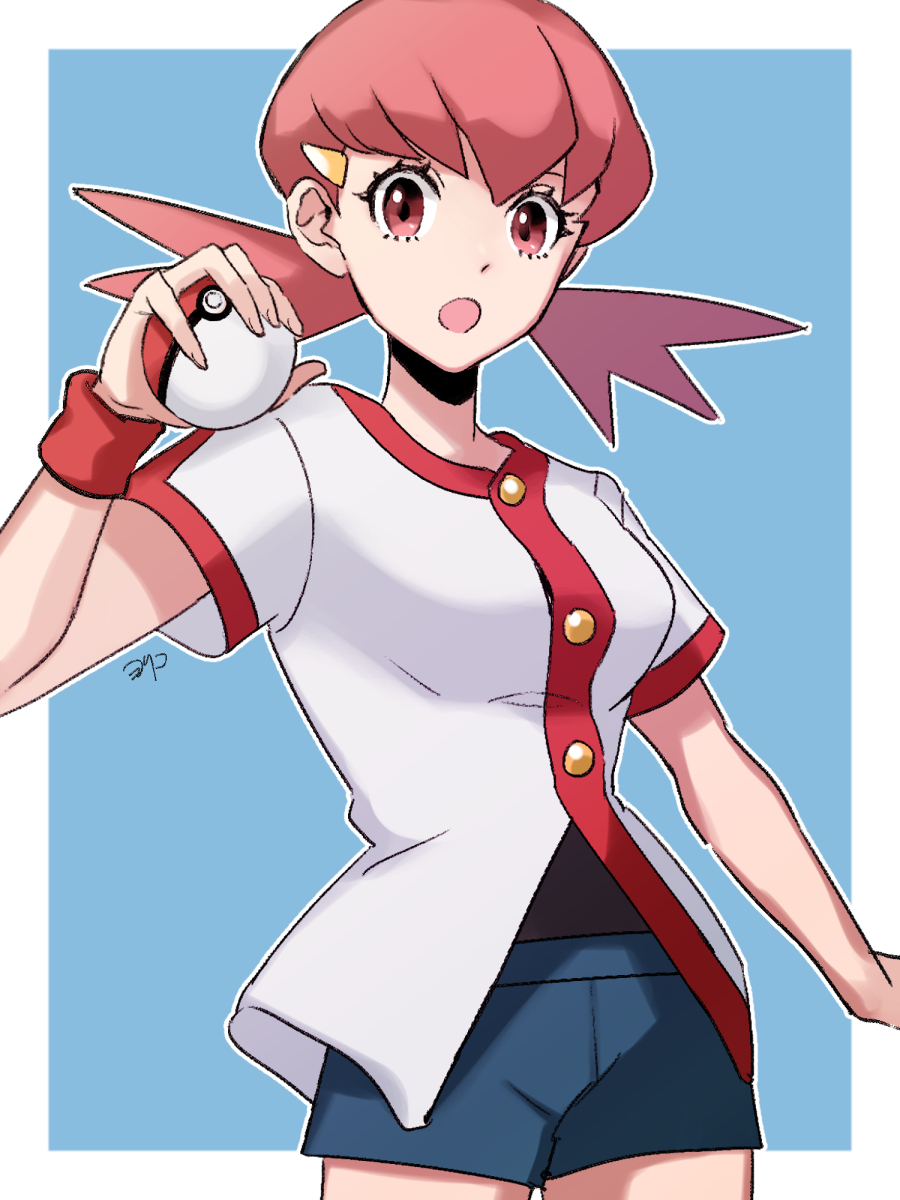 1girl, :o, black_shirt, border, breasts, buttons, eyelashes, hair_ornament, hairclip, highres, holding, holding_poke_ball, jacket, long_hair, looking_at_viewer, nintendo, open_mouth, pink_hair, poke_ball, poke_ball_(basic), pokemon, pokemon_heartgold_and_soulsilver, red_eyes, shirt, short_sleeves, shorts, solo, twintails, white_border, white_jacket, whitney_(pokemon), wristband, yori_(ito_haruki)