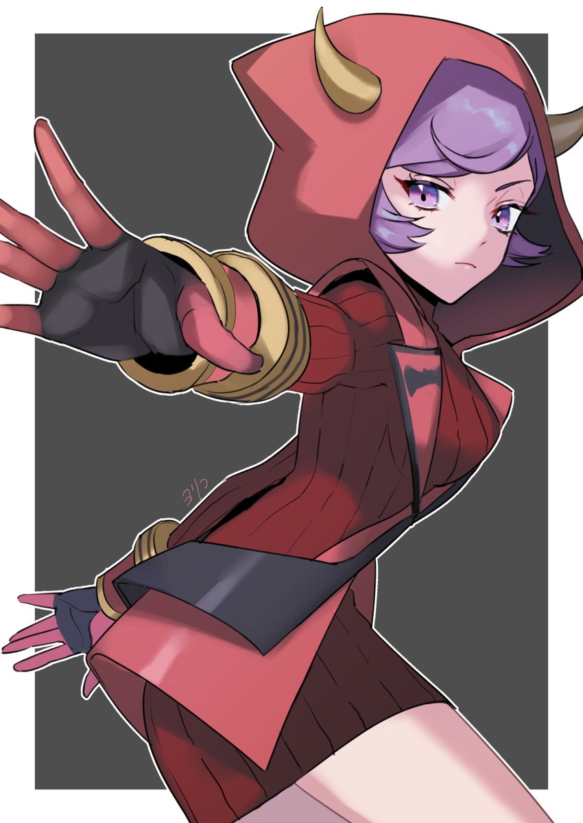 1girl, border, closed_mouth, commentary_request, courtney_(pokemon), dress, eyelashes, fake_horns, frown, gloves, highres, hood, hood_up, horns, looking_at_viewer, nintendo, outline, outstretched_arm, pokemon, pokemon_omega_ruby_and_alpha_sapphire, purple_eyes, purple_hair, red_dress, ribbed_dress, short_hair, solo, sweater, sweater_dress, team_magma, team_magma_uniform, white_border, yori_(ito_haruki)