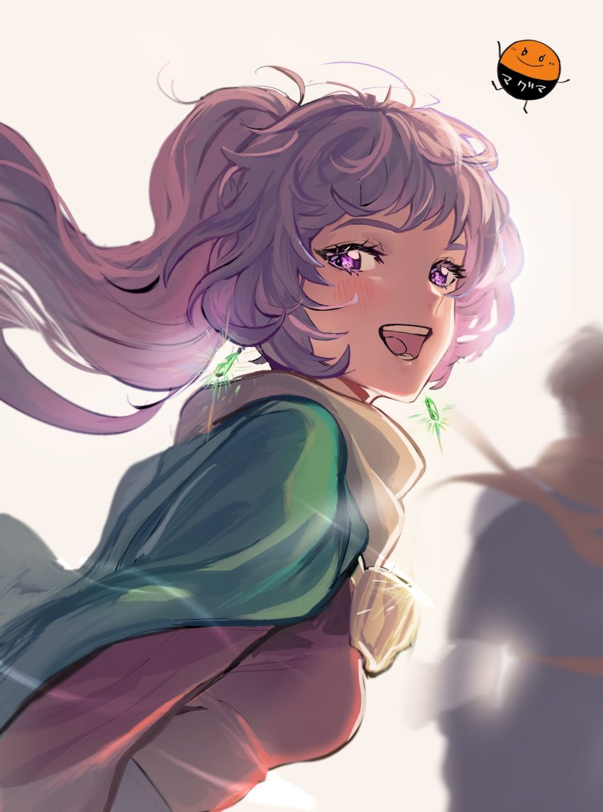 1boy, 1girl, arc_(arc_the_lad), arc_the_lad, arc_the_lad_i, bandana, breasts, earrings, highres, jewelry, kukuru_(arc_the_lad), light_blush, long_hair, looking_at_viewer, open_mouth, ponytail, purple_eyes, purple_hair, scarf, simple_background, smile, very_long_hair, white_background, yurumagma