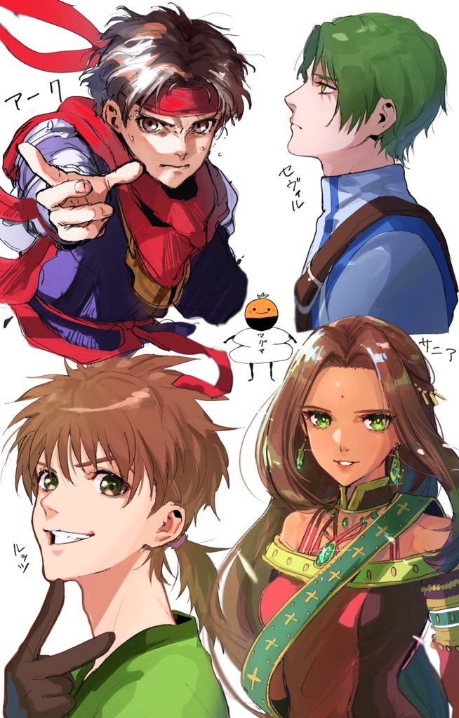 1girl, 3boys, arc_(arc_the_lad), arc_the_lad, arc_the_lad_ii, arc_the_lad_iii, brown_gloves, brown_hair