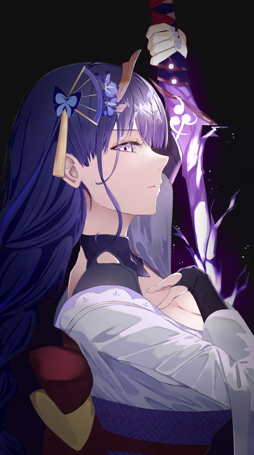 1girl, absurdres, black_background, braid, breasts, bridal_gauntlets, cleavage, closed_mouth