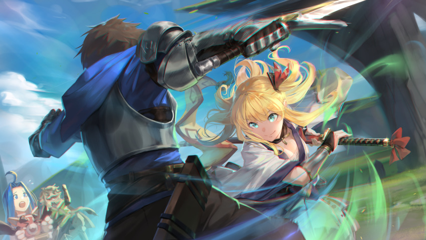 >_<, 2boys, 2girls, ahoge, armor, blonde_hair, blue_hair, blue_hoodie, breastplate, breasts, brown_hair, brown_pants, cleavage, closed_mouth, cloud, commentary, fighter_(granblue_fantasy), fighting_stance, from_behind, gauntlets, gran_(granblue_fantasy), granblue_fantasy, green_eyes, hair_ornament, highres, holding, holding_sword, holding_weapon, hood, hoodie, jhc_kai, katana, long_hair, lyria_(granblue_fantasy), mirin_(granblue_fantasy), multiple_boys, multiple_girls, open_mouth, outdoors, pants, ready_to_draw, sheath, shoulder_armor, smile, sword, vambraces, vyrn_(granblue_fantasy), weapon, wide_sleeves, wind, yodarha_(granblue_fantasy)