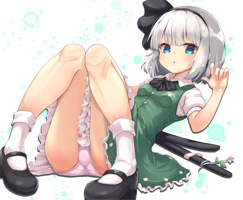 1girl, :o, ass, black_bow, black_bowtie, black_hairband, black_ribbon, black_shoes