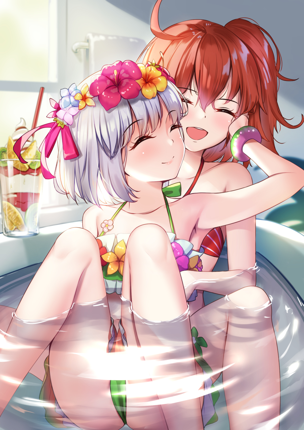 2girls, :d, ^_^, ahoge, bare_shoulders, bathtub, bikini, blush, breasts, brilliant_summer, closed_eyes, closed_mouth, collarbone, fate/grand_order, fate_(series), flower_wreath, fujimaru_ritsuka_(female), fujimaru_ritsuka_(female)_(brilliant_summer), green_bikini, hair_ornament, hair_ribbon, hair_scrunchie, head_wreath, highres, kama_(fate), kama_(first_ascension)_(fate), kama_(swimsuit_avenger)_(first_ascension)_(fate), kama_(young)_(fate), medium_breasts, miniskirt, multiple_girls, navel, official_alternate_costume, one_side_up, open_mouth, orange_bikini, orange_hair, rainbow_skirt, revision, ribbon, same-sex_bathing, scrunchie, shared_bathing, short_hair, silver_hair, skirt, small_breasts, smile, striped_bikini, striped_clothes, swimsuit, thighs, white_bikini, yan_(nicknikg)