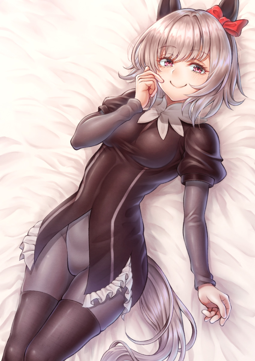 1girl, animal_ears, bed_sheet, black_hairband, black_shirt, black_thighhighs, blush, bodysuit