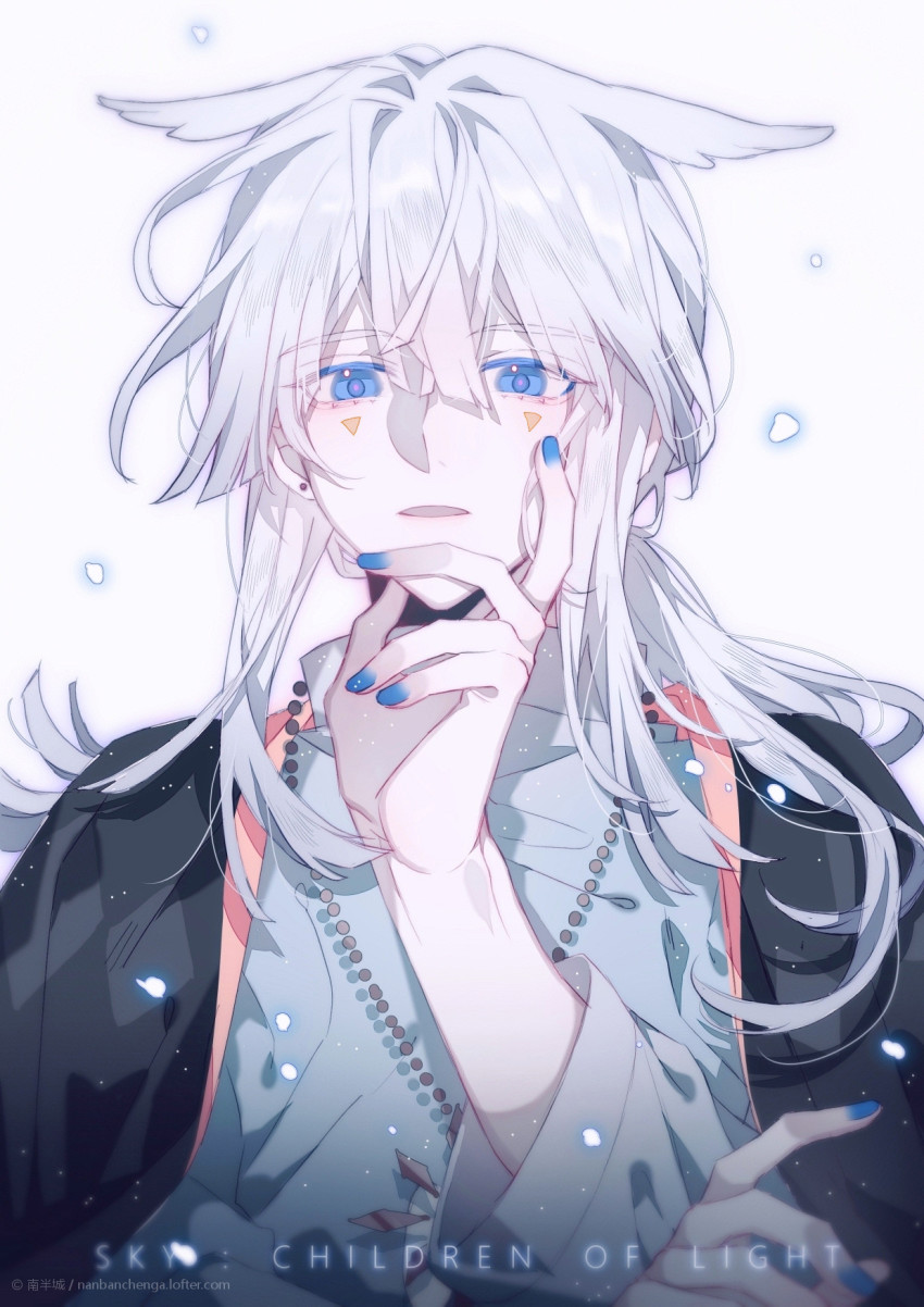 1boy, blue_eyes, blue_nails, copyright_name, grey_hair, highres, long_hair, nail_polish, nanbanchenga, simple_background, sky:_children_of_the_light, solo, white_background, white_hair