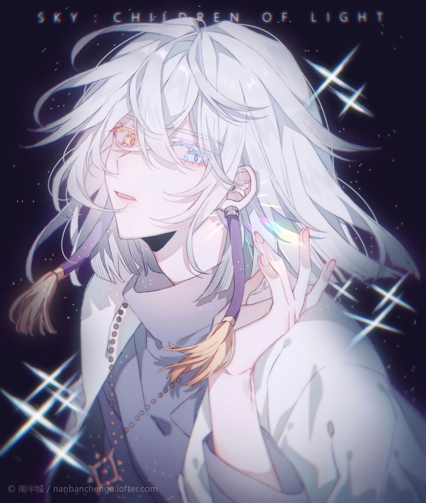 1boy, grey_hair, heterochromia, highres, nanbanchenga, short_hair, sky:_children_of_the_light, solo