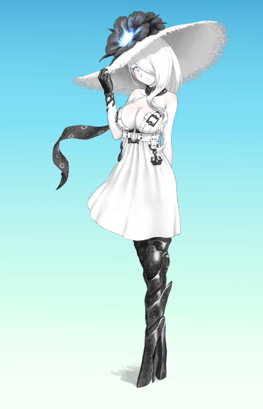 1girl, abyssal_ship, arm_behind_back, armored_boots, black_flower, black_gloves, black_scarf, boots