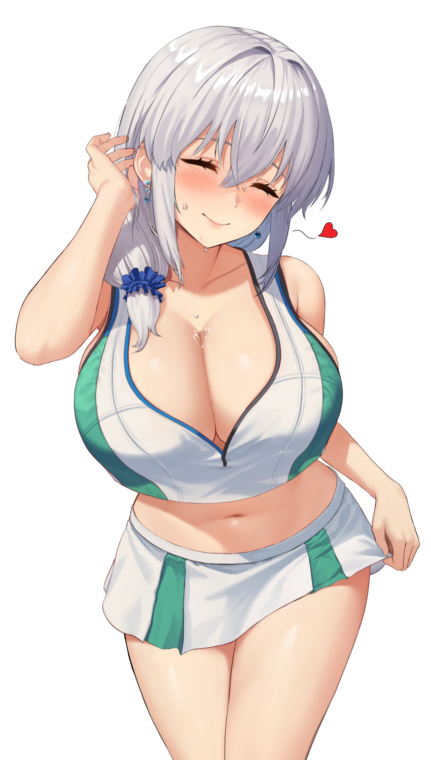 1girl, absurdres, adjusting_hair, azur_lane, blush, braid, breasts, bremerton_(azur_lane), bremerton_(azur_lane)_(cosplay), bremerton_(scorching-hot_training)_(azur_lane), cleavage, closed_eyes, clothing_cutout, cosplay, crop_top, earrings, heart, highres, jewelry, k.pumpkin, large_breasts, legs_together, mature_female, miniskirt, navel, navel_cutout, skirt, smile, solo, sportswear, sweat, tennis_uniform, thighs, uzaki-chan_wa_asobitai!, uzaki_tsuki, white_background, white_hair