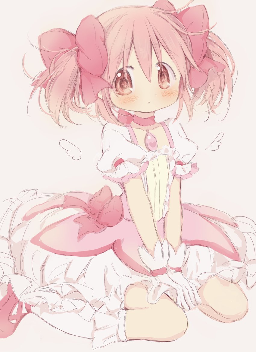 1girl, absurdres, blush, boors, bow, bubble_skirt, eyes_visible_through_hair, full_body, hair_ribbon, highres, hitode, kaname_madoka, kaname_madoka_(magical_girl), magical_girl, mahou_shoujo_madoka_magica, mahou_shoujo_madoka_magica_(anime), neck_ribbon, pink_background, pink_eyes, pink_hair, red_bow, red_footwear, red_ribbon, ribbon, short_twintails, sitting, skirt, solo, soul_gem, tareme, twintails, wariza, white_legwear, wings