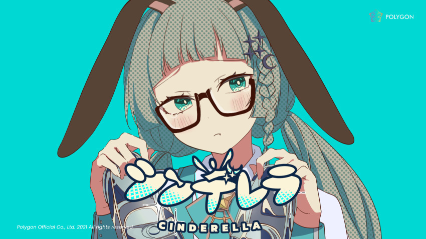1girl, animal_ears, aqua_background, aqua_eyes, aqua_neckwear, artist_request, ascot, black-framed_eyewear, blue_ascot, blush, braid, brooch, cinderella_(vocaloid), glasses, green_hair, highres, holding, holding_shoes, holding_unworn_clothes, jewelry, long_sleeves, looking_at_viewer, lucene_(polygon_project), official_art, polygon_project, rabbit_ears, shoes, simple_background, one_ear_down, solo, song_name, star_brooch, unworn_shoes, virtual_youtuber, vocaloid, wing_collar