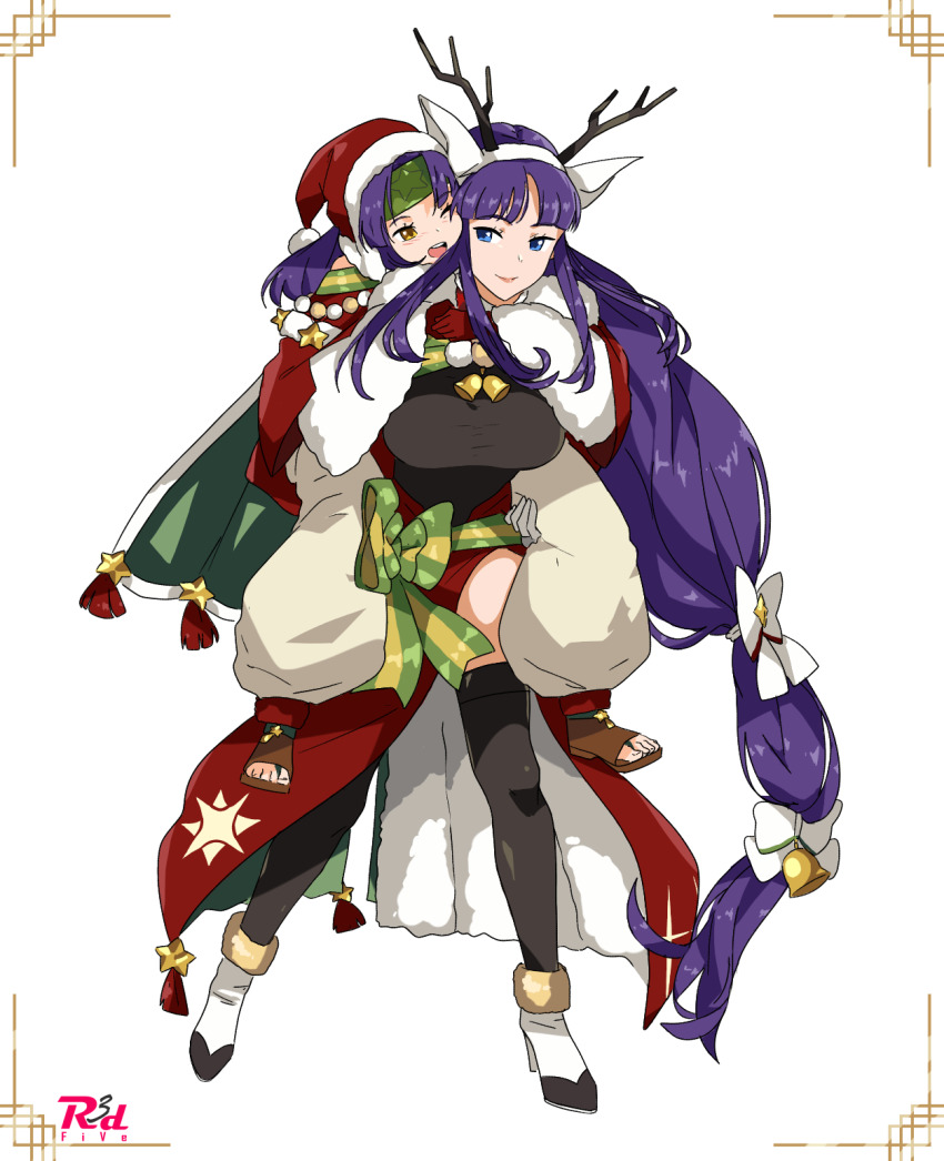 2girls, absurdly_long_hair, altina_(fire_emblem), altina_(winter)_(fire_emblem), animal_ears, antlers, artist_name, bell, blue_eyes, breasts, cape, carrying, fake_animal_ears, fire_emblem, fire_emblem:_path_of_radiance, fire_emblem:_radiant_dawn, fire_emblem_heroes, full_body, fur_trim, gloves, green_headband, hair_ornament, hat, headband, highres, horns, large_breasts, long_hair, low-tied_long_hair, multiple_girls, nintendo, official_alternate_costume, open_mouth, pants, parted_bangs, piggyback, purple_hair, r3dfive, red_gloves, reindeer_antlers, sanaki_kirsch_altina, sanaki_kirsch_altina_(winter), santa_hat, smile, teeth, thighhighs, upper_teeth_only, very_long_hair, white_background, white_pants, yellow_eyes