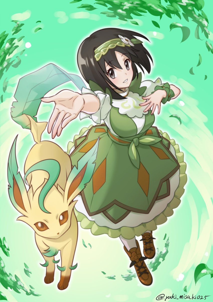 1girl, arm_up, blush, boots, brown_footwear, commentary_request, dress, erika_(pokemon)