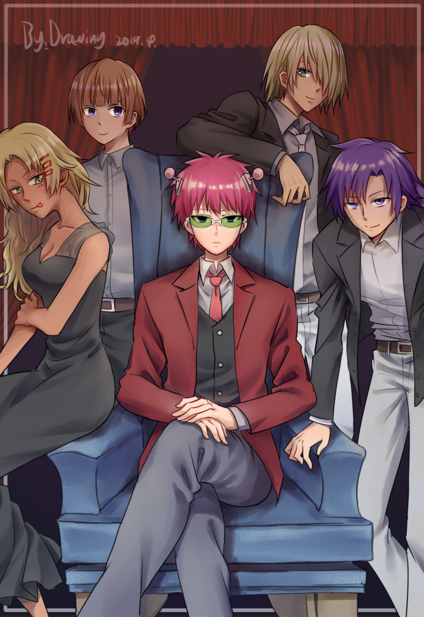 aiura_mikoto, blonde_hair, chair, character_name, dark_skin, drawing_(23518), dress, formal_clothes